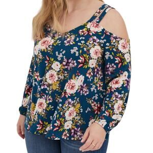 Torrid Knit Crepe Cold Shoulder Top V-Neck Blue Floral Women's Plus Size 3X